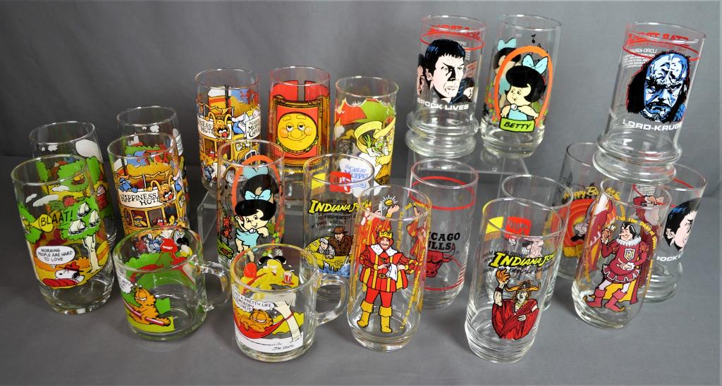 Vintage Collector Drinking Glasses- Burger King, I: Large Group of 1970's-1980's Collector Drinking Glasses- Burger King, McDonalds, Indiana Jones, Flinstones, Star Trek, Muppet Show, etc... Condition: Good