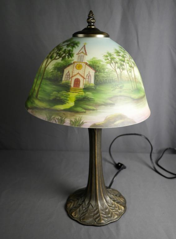 Reverse Painted Shade Lamp w/ Country Church Theme (1 of 7)