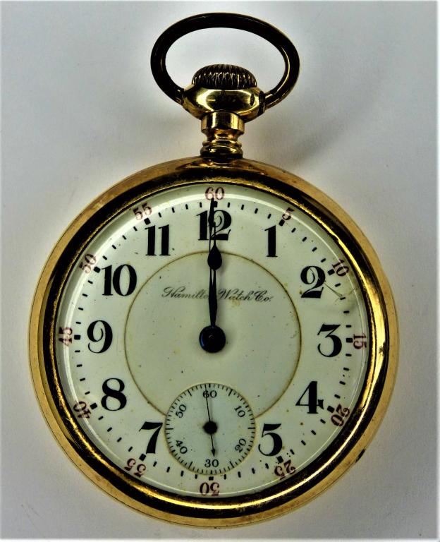Antique Hamilton 17 Jewels Pocket Watch: Antique Hamilton 17 Jeweled gold toned pocketwatch. Condition: good overall condition; minor crack in glass, not running.