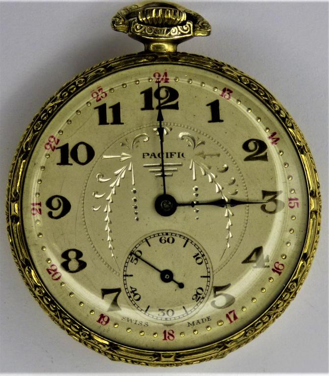 Antique Pacific Swiss Made 15 Jewels Pocket Watch: Antique Pacific Swiss Made 15 Jeweled Pocketwatch. Case produced by Elgin Watch Co. Condition: Overall good condition; winds, not running but occasional spotty