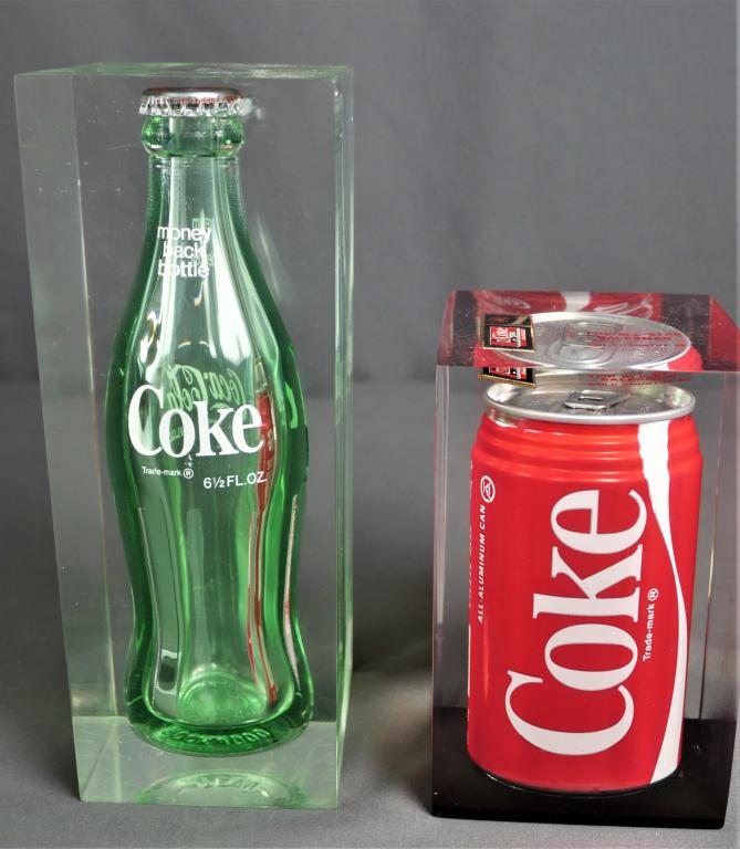 Coca-Cola Original Bottles Encased in Acrylic: Vintage Coca-Cola Original Bottles Encased in Acrylic - Top Salesman Trophies. Measure 8 1/2"-5 1/2" tall.