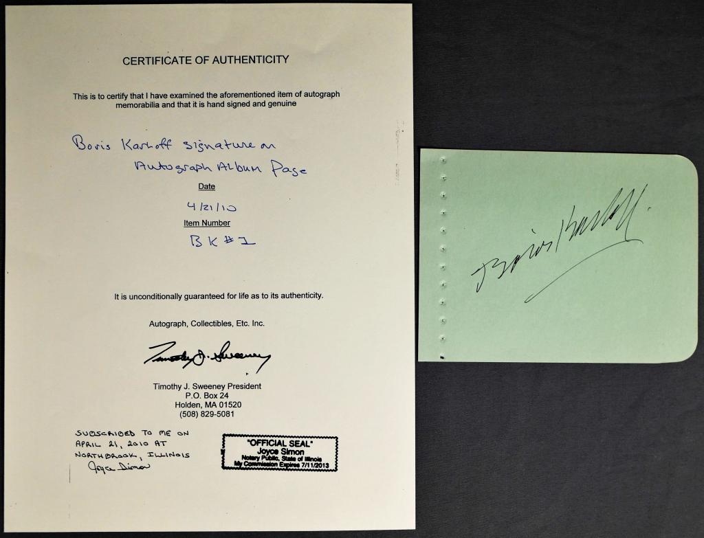 Boris Karloff Signature with COA- Dracula (1 of 3)