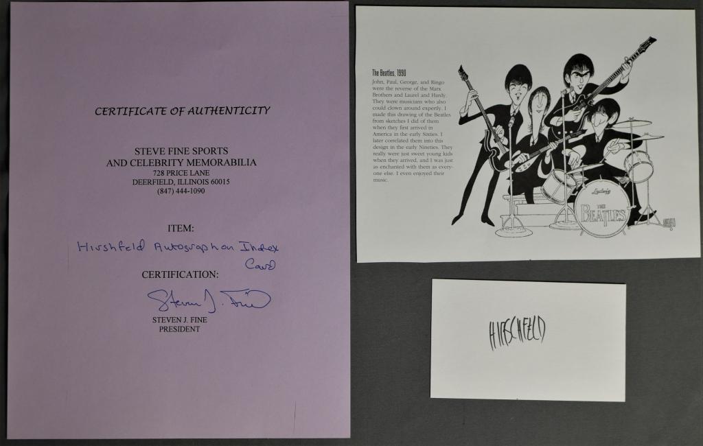 Hirshfeld Autograph w/ Beatles Magazine Page: Hirshfeld Autograph with Beatles Magazine Page. Comes with COA. Condition: Good