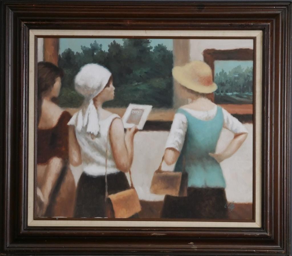 Antonio Soldy "In the Gallery" Oil Painting: Antonio Soldy (1932- , Argentina". Original Oil Painting ttiled "In the Gallery". Signed lower right corner. Merill Chase COA. Measures 32" x 28" framed. Condition: Good