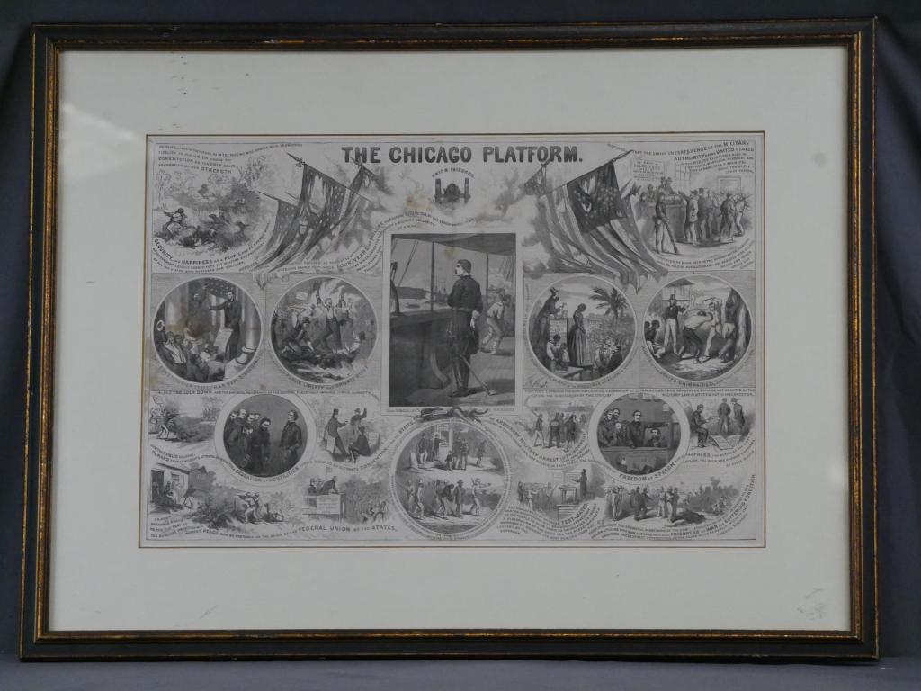 Chicago Platform 1864 Slavery Engraving Art: "The Chicago Platform" Original 1864 Engraving by Thomas Nast from Harper's Weekly. Framed. Measures: 29" x 22" framed. Condition: Good, page centerfold
