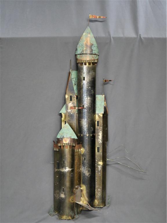 Curtis Jere MCM Metal Castle Wall Sculpture Signed: Curtis Jere MCM Metal Castle Wall Sculpture. Measures 43" x 22". Signed. Condition: Good