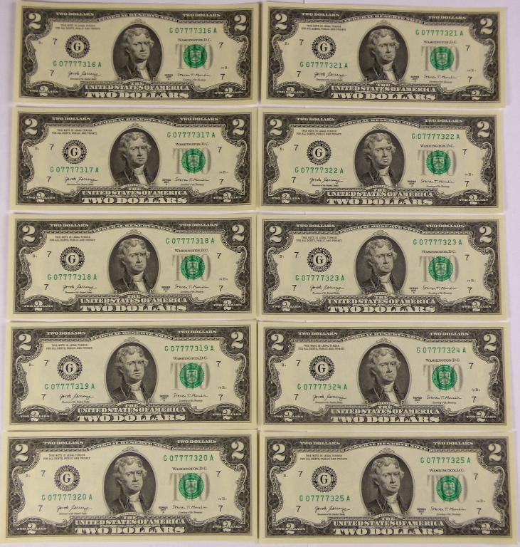 10 2017 Sequential $2 Dollar Banknotes w/ Quad 7s (1 of 4)
