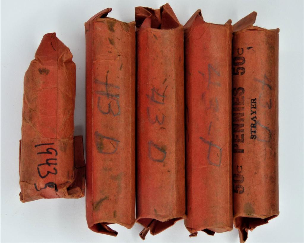 Rolls of Unsearched 1943 US Steel Pennies: Lot of 4.5 rolls of 1943 US Wheat Pennies. Condition is unresearched.