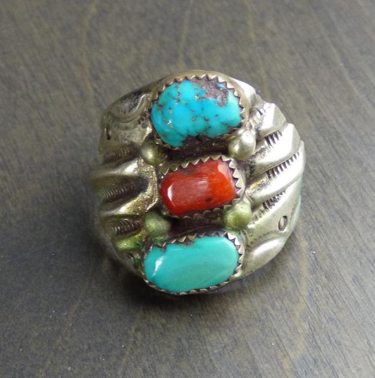 Native American Sterling Silver Ring Coral Turquoi: Ornate ring with marked "R" on the inside. Includes three stones: coral and turqouise with detailed beehive like setting. Size 12. In good vintage condition.