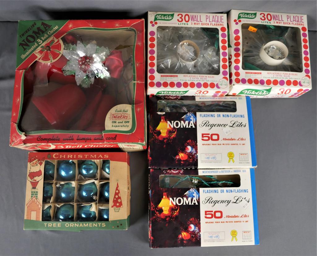 Vintage Christmas Decorations- Regency Lites, Noma: Vintage Christmas Decorations- Noma Regency Lites, Twinkling Noma Illuminated 3 Bell Cluster; Yuletide 30 Lite Wall Plaques; Vintage Christmass Balls. Condition: All in original boxes, untested