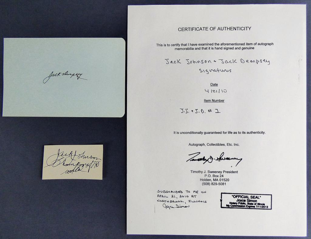 Jack Johnson & Jack Dempsey Autographs- World Cham: Jack Johnson & Jack Dempsey Autographs. Come with COA. Excellant Condition