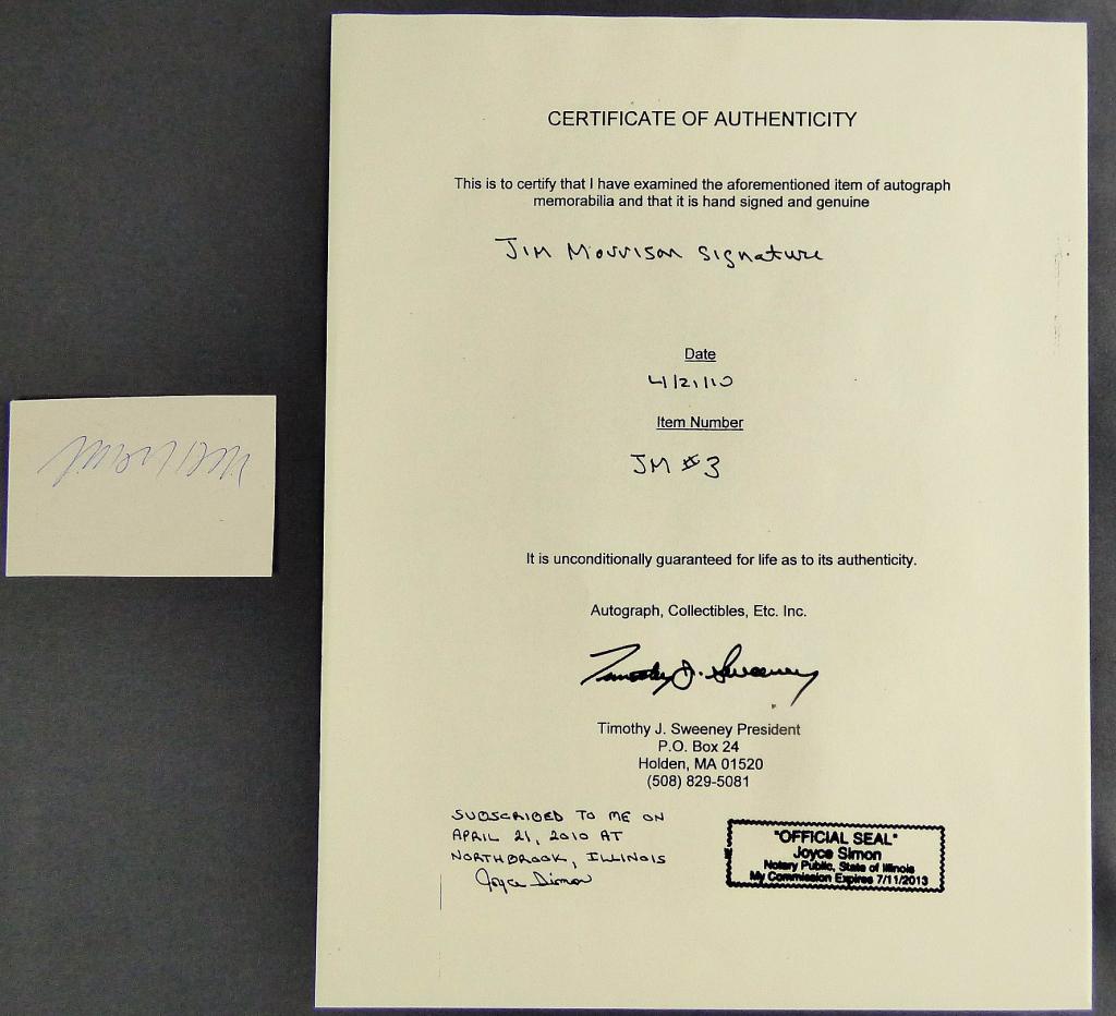 Jim Morrison "Doors" Autograph w/ COA (1 of 3)