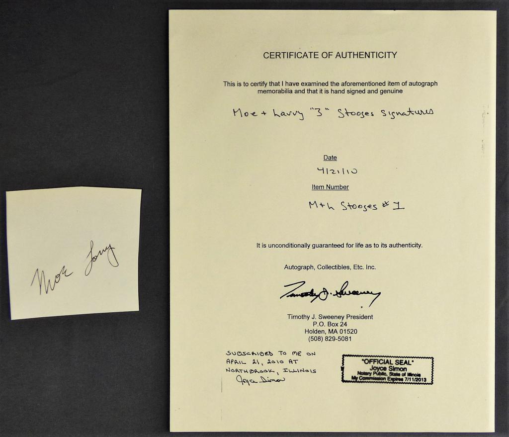 Autograph/ Signature Cut of 3 Stooges Moe & Larry (1 of 3)
