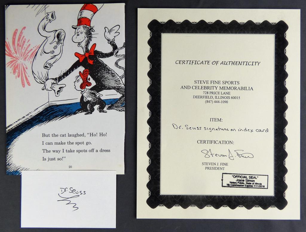 Dr. Seuss Autograph on Index Card w/Book Page (1 of 4)