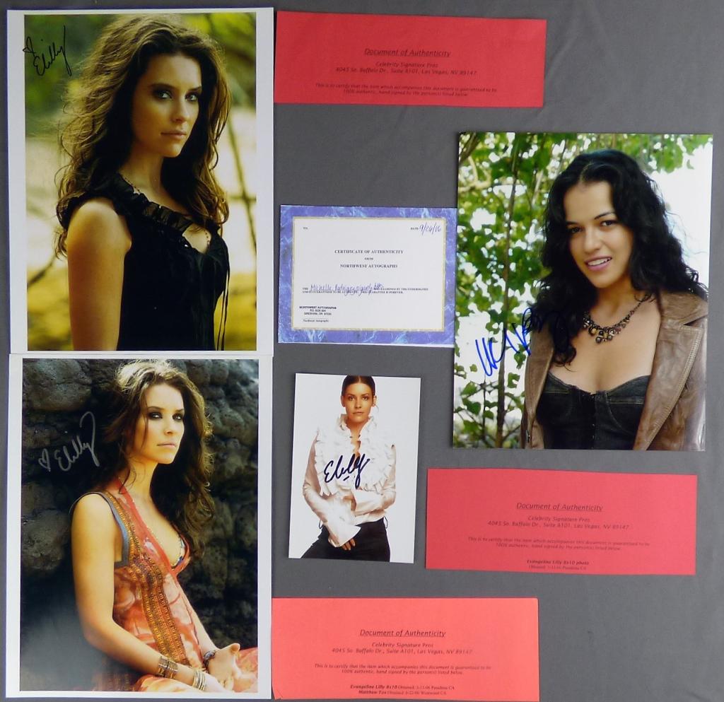 Evangeline Lilly/ Michelle Rodriguez Autographs: "Lost" was a television phenomenon, and here we have four autographed photos from two of it's most famous stars, Michelle Rodriguez and Evangeline Lilly. There are three photographs total of Evangelin