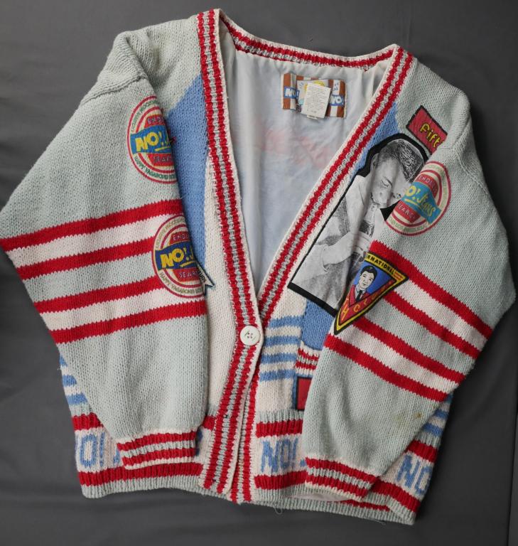 No! Jeans Revolt Co Grandpa 50's Sweater: This sweater is a really neat pale blue, red and white 50's themed grandpa style buttoned sweater. It features patches of James Dean, Willie Gillis, and is embroidered "Young Dreams" atop the back sho