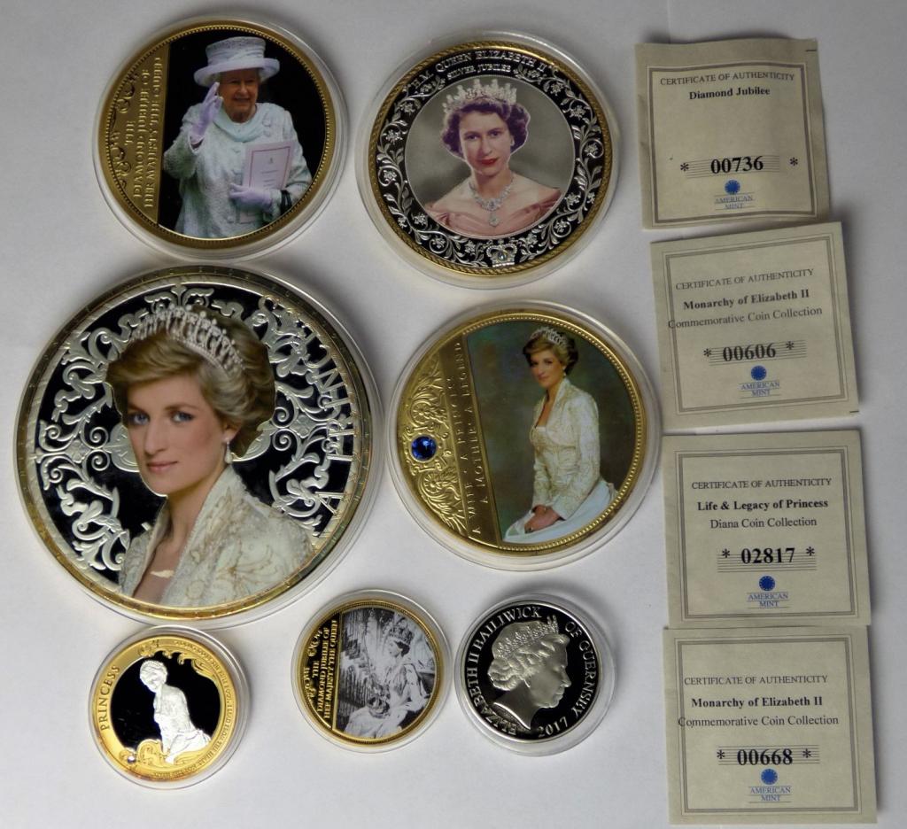 Princess Diana Queen Elizabeth Commemorative Coins: Collection of "Life and Legacy of Princess Diana" coins - 'Portrait of a Princess' silver plated with spot gold and Swarovski crystal weighing 32g and 40 mm in diameter, 100mm diameter Lady Diana Copp