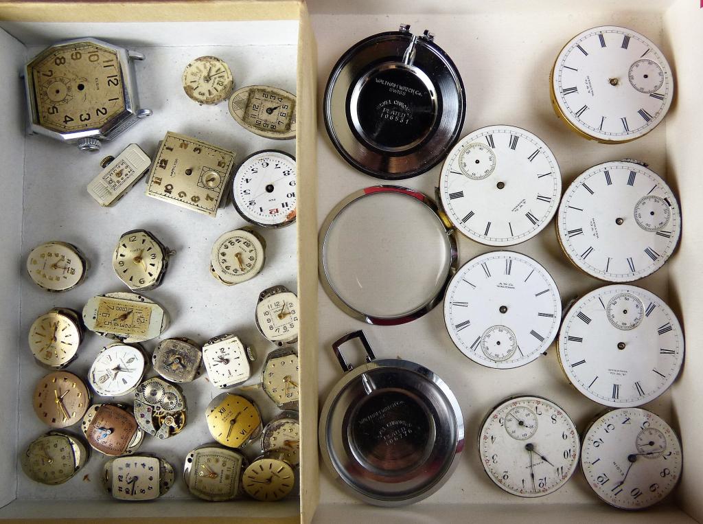 Antique & Vintage Watch Parts- Dials & Movements: Gorgeous lot of antique and Vintage watch faces, Dials and movements for repair/parts. Includes multiple high-end makers such as Elgin, Waltham, Grant, Bulova, etc. These are all lovely pieces of hist