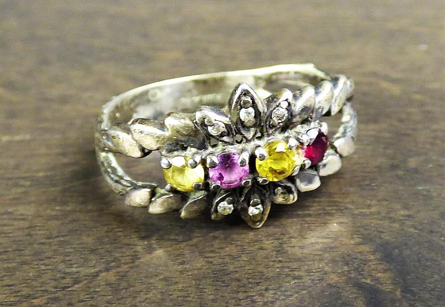 Sterling Silver & Precious Stones RIng Size 9: Super unique vintage sterling ring with four precious stones and diamond like chips in Arts and Crafts style ring setting. Size 9.