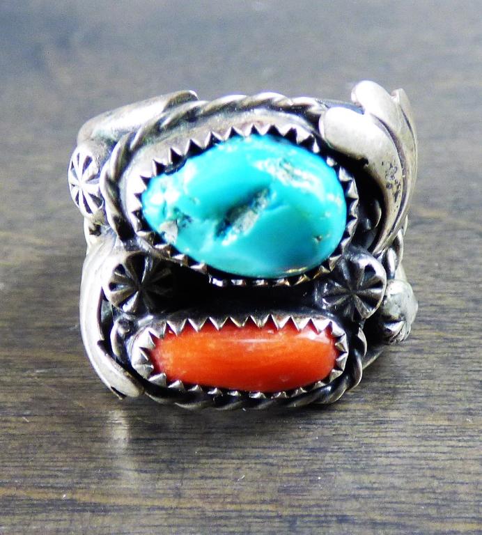 Native American Sterling Ring- Turqoise & Coral (1 of 5)