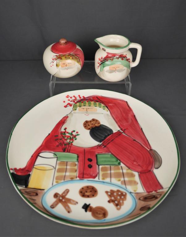 Vietri Italian Christmas Cookie Tray, Creamer, Bow: Lovely Christmas set of Vietri Christmas cookie tray and matching sugar bowl and cream pitcher. All have Santa paitned on them in festive colors and match. All in excellent condition.