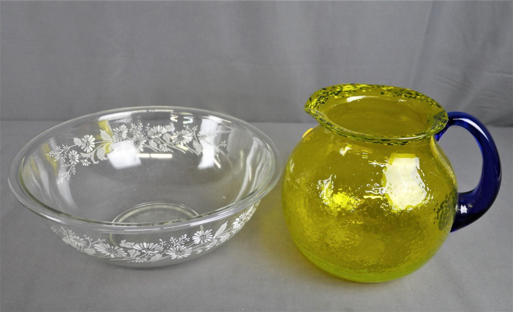 Vintage Pyrex Colonial Mist Mixing Bowl & Pithcer: Vintage 12" diameter Pyrex Colonial Mist Mixing Bowl and Lemon Yellow w/ Cobalt Glass Handle Pitcher- 8" tall. Condition: Good
