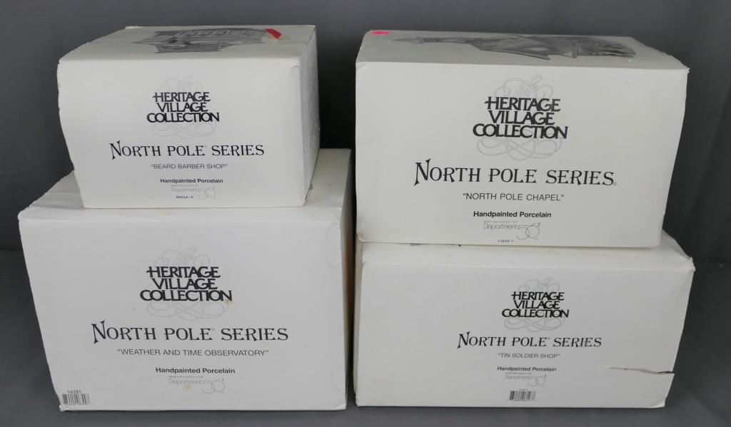 Department 56 North Pole Christmas Buildings: Lot of 4 Dept. 56 buildings. Includes: Tin Soldier Shop, Beard Barber Shop, Weather and Time Observatory, and North Pole Chapel. Appear to bein good condition, not inspected out of the boxes