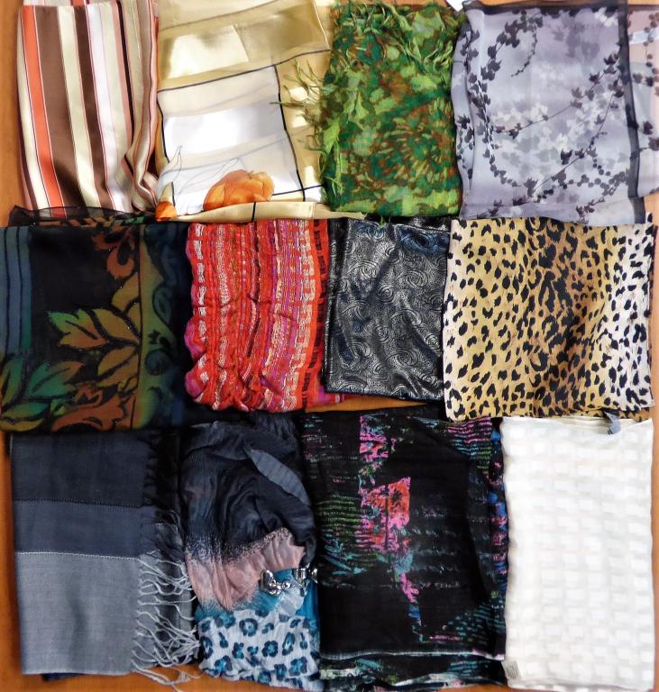 Lot of 12 Vintage Lady Scarfs & Handkerchiefs: Group of 12 Vintage Lady Scarfs & Handkerchiefs. Silk, Velvet, Textile, etc... Condition: Good