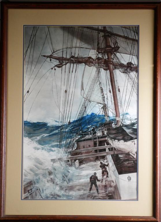 Montague Dawson "The Rising Wind" Maritime Art: XL (30" x 42") Montague Dawson maritime print titled "The Rising Wind". Framed and matted. Print is in good condition.