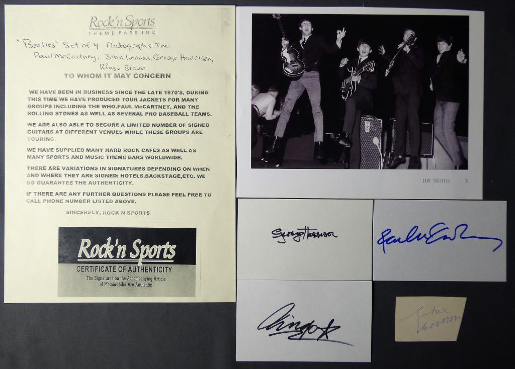 Beatles Set of All 4 Autographes w/ COA- John Lenn: Beatles. Set of All 4 Autographes- John Lennon; Ringo Starr; Paul McCartney, George Harrison. Come with Certificate of Authenticity. Condition: Good We truly believe that this item is authentic, but E