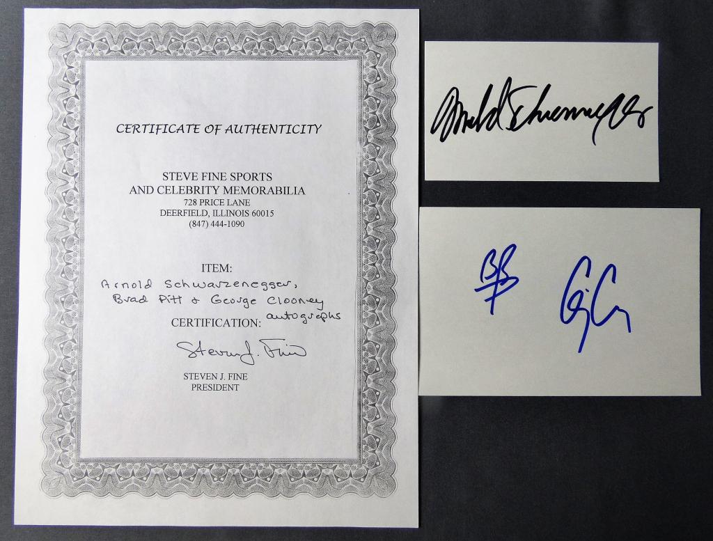 Arnold Schwarzeneger, Pitt & Clooney Autographs: Arnold Schwarzeneger, Brad Pitt and George Clooney Autographs. Come with Certificate of Authenticity. Condition: Good We truly believe that this item is authentic, but Esquis Auctions does not have sp