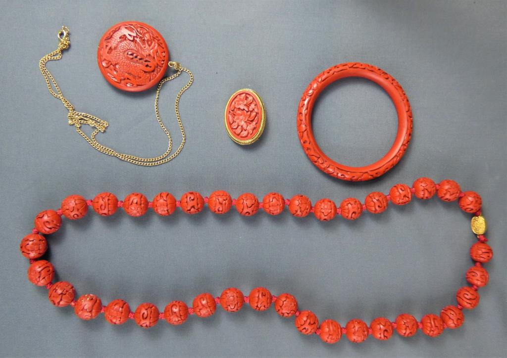 Chinese Oriental Carved Red Cinnabar Jewelry (1 of 11)