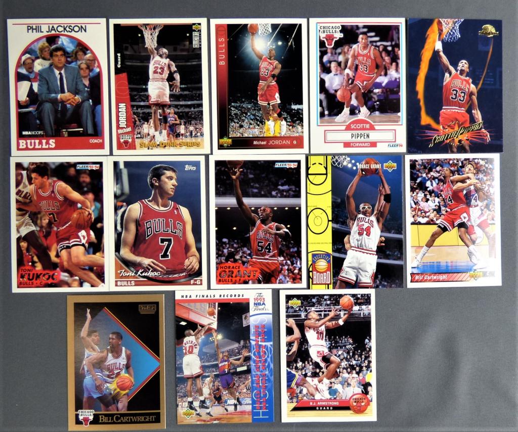 Chicago Bulls Championship Team 13 Card Set: Lot of 13 Bulls Championship cards. Includes Michael Jordan and Scottie Pippin. In very good condition.