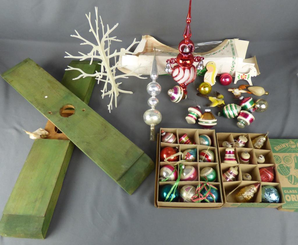 1960's Christmas Ornament, Tree Stand, Tree Topper: Lot of three boxes of vintage from the sixties Christmas ornaments, some original boxes included, as well as two tree toppers - one in box "The Unbreakable Kind" red and white tree topper, and one not