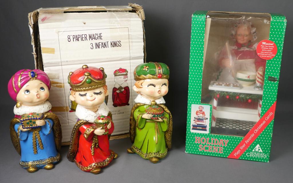 Vintage Papier Mache Christmas Kings & Mrs Claus: Vintage 8" Papier Mache Christmas Infant Kings made in 1970's in Japan with original box and Animated Mrs Claus in Original Box. Condition: Good