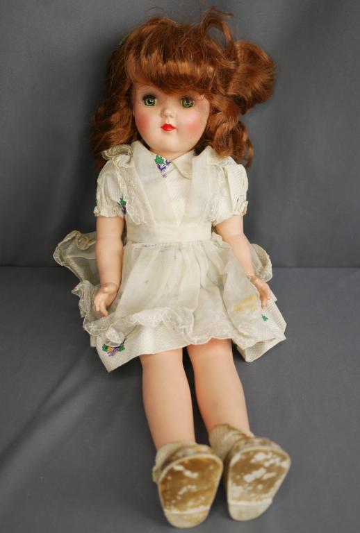 Vintage 1954 Ideal Red Hair Doll P212: Vintage Ideal Doll style P212. Red hair with rosy cheeks and green eyes in original dress. In good condition, shoes might need to be replaced