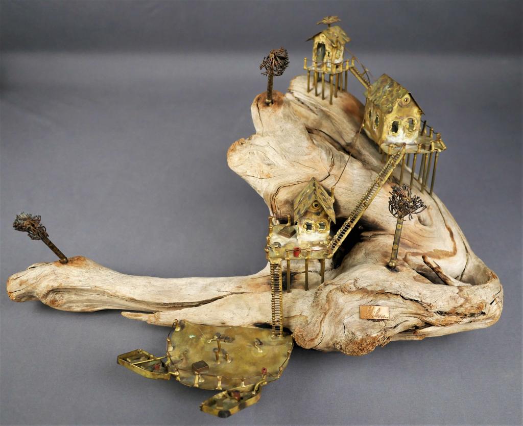 Albert Guibara MCM Brutalist Driftwood Sculpture: Charming whimstcal landscape sculpture by listed San Francisco artist Albert Guibara.(1915 - )This is an earler work in which he used the natural form of the driftwood with assembled brass subjects..H