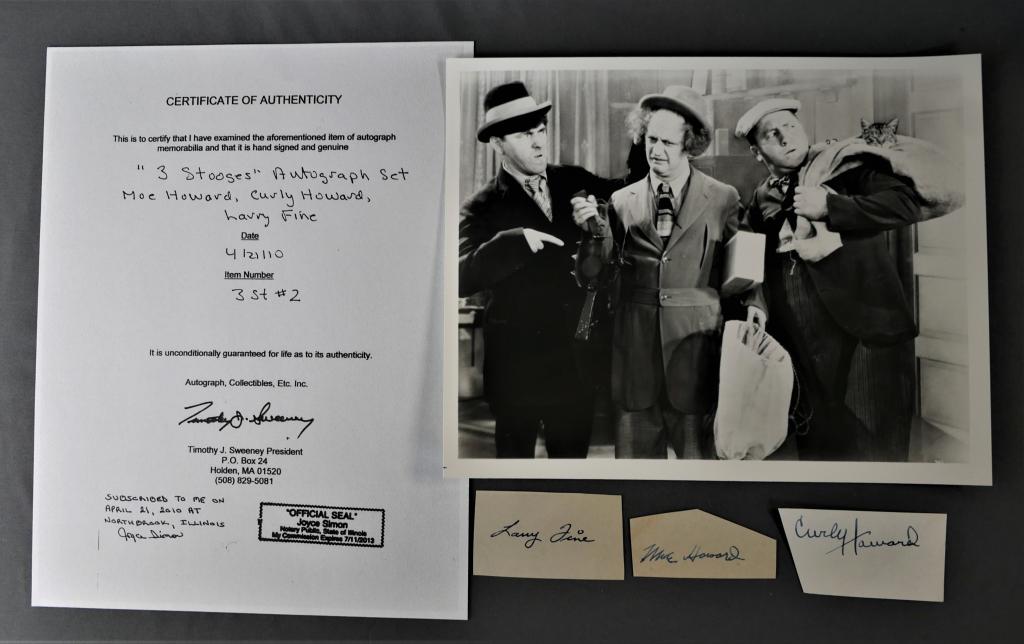Set of All 3 The Three Stooges Autographs w/ COA (1 of 3)