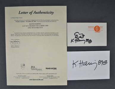 2 Keith Haring Signed Cards- Original Sketch
