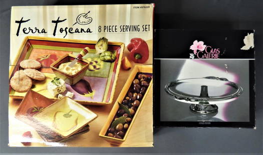 Terra Toscana Serving Set & Glass Cake Stand: Terra Toscana 8pcs Serving Set and Glass Cake Stand by Glass Galerie. Both are in original boxes
