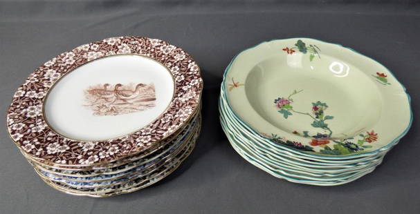 Antique Wood & Sons & European Birds Dinner Plates: Two Sets of Antique Plates. Antique Wood & Sons Vert de Mer Dinner Plates 4 Image(s) Lot of 11 early 20th Century Wood & Sons Deep Dinner/ Soup Plates. Pattern- Vert de Mer with Flowers and