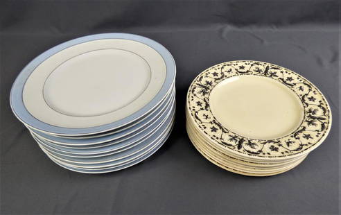 CH Field Haviland Limoges & Florentine Plates: Two Sets of Antique Dinner Plates Antique Devon Ware Fieldings Stroke on Trent Florentine Dinner / Salad Plates. Lot of 9. Measure 8" in diameter. Condition: Mostly Good, one has minor chip on