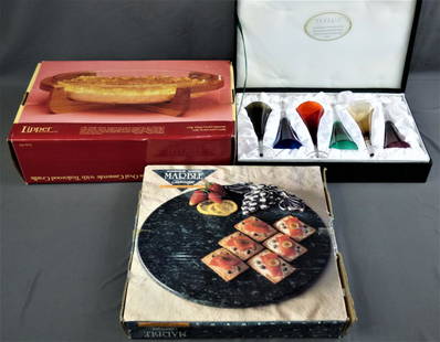 Venezia Glasses, Glass Casserole & Marble Platter: Set of Venezia Colorful Martini Glasses; Lipper 3 quart glass Casserole and Winsom Wood Marble Platter. All in original Boxes, few fleabites noted at the rims of two glasses