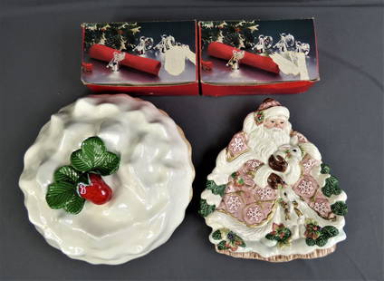 Fitz & Floyd Santa Platter, Ceramic Pie Dish, Ange: 1996 Holiday Fitz & Floyd Santa Platter, Ceramic Pie Dish by Great American Pie and two Sents of Angel nepkin holders. Condition: Good