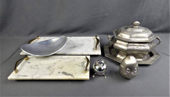 Napier Coin Banks, Nambe Bowl & French Pewter Ture: Two Vintage Figural Napier Coin Banks, Vintage Nambe #667 Lava Bowl; Vintage French Pewter Tureen with Tray and pair of Genuine Italian Marble Serving Trays. Condition: Good