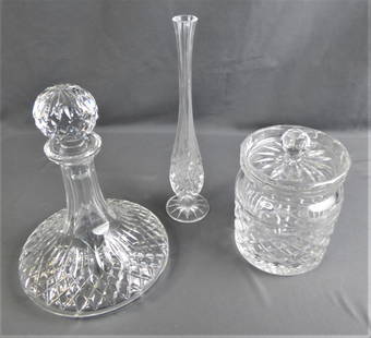 Waterford Crsytal Gladore Jar & Lismore Decanter: Vintage Waterford Gladore BiscuitBarrel Jar with Lid, Vintage Waterford Crystal Lismore Decanter and unmarked Crystal Bud Vase. Condition: Good