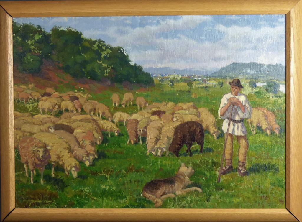 Camil Vlad Landscape with Sheeps Oil Painting: Camil Vlad (20th Century, Hungarian). Landscape with Sheeps on Board . Signed and dated 1931 lower left corner. Measures 29 1/2" x 22". Condition: Good overall condition, some wear to surface