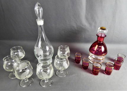 Mid Century Decanters w/ Glasses incl. Cranberry: Two Sets of Mid Century Decanters with 6 Glasses each. Condition: Good