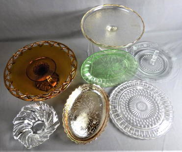 Vintage Glass Cake Stands & Platters- Depression G: Group of Vintage Glass Cake Stands and Platters including Depression Glass. Condition: Good