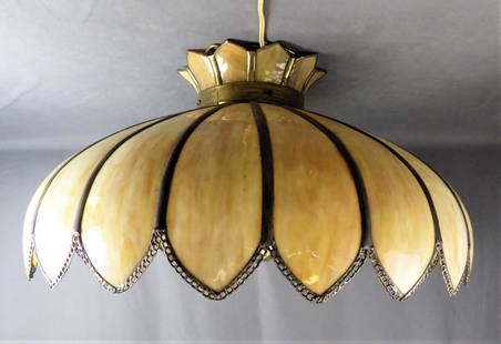 Large Stained Slag Glass Ceiling Light Lamp Fixtur: Large Stained Caramel Slag Glass Ceiling Light Fixture from 1950's-60's. 24" in diameter x 13" tall. Good Condition